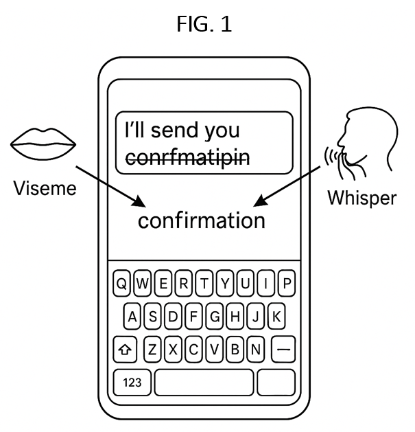 FIG. 1 — Typed input fused with viseme (lip) and optional whisper signals to select the intended word.